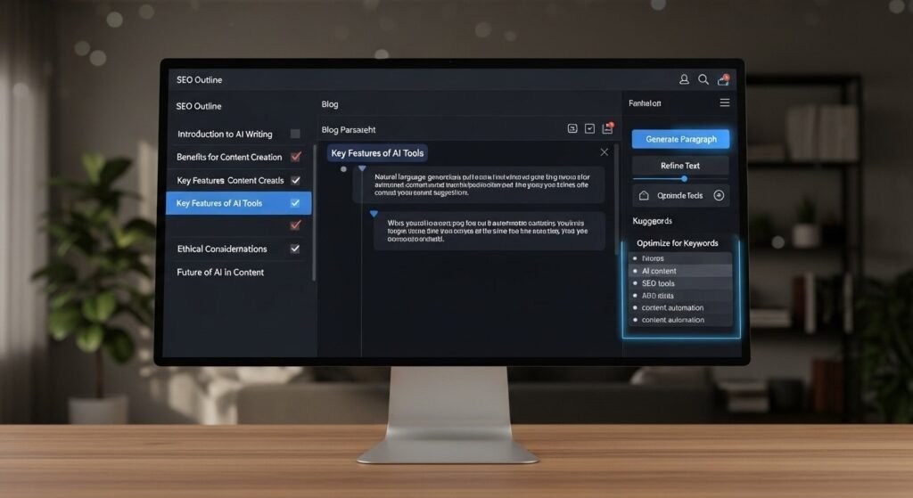 AI tools for SEO writing generating long-form blog sections under an SEO outline