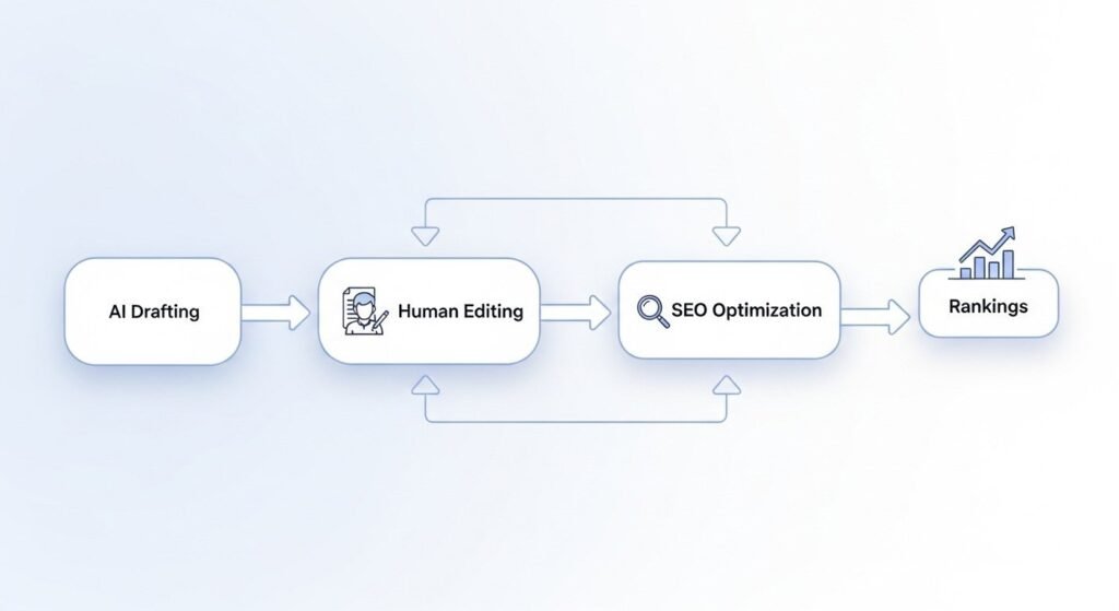 Do AI writing tools hurt SEO long term? Diagram explaining why do AI writing tools hurt SEO less with hybrid workflows