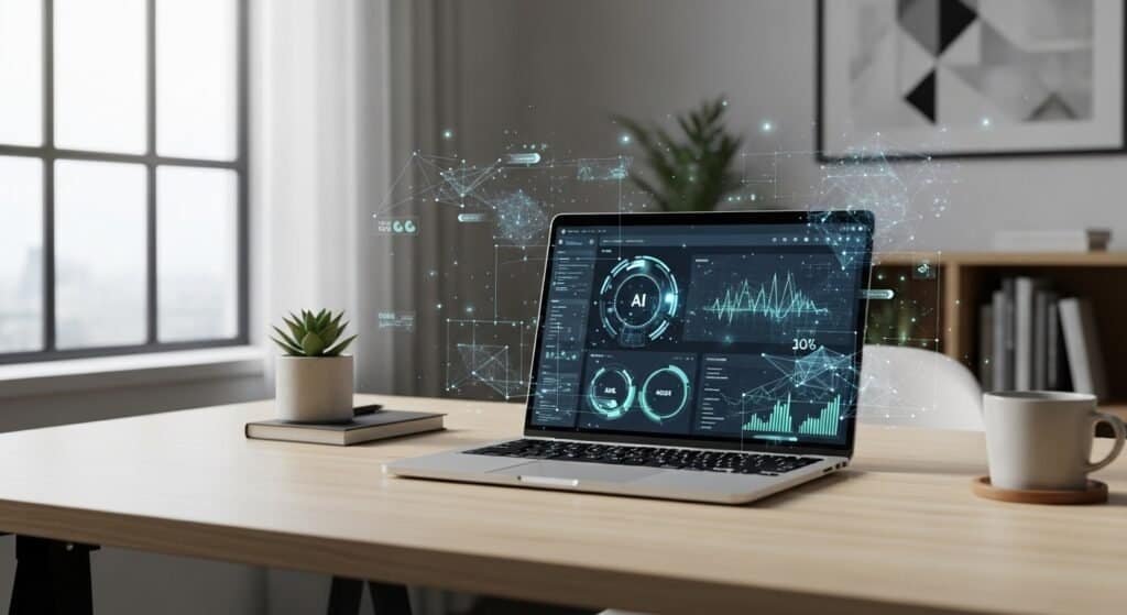 Professional modern workspace with laptop displaying AI dashboard, subtle holographic elements, minimal design, natural lighting, high resolution, no text