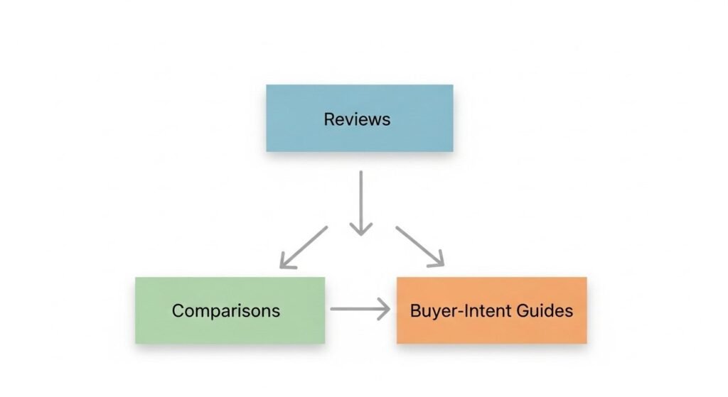 Affiliate blog content structure showing reviews, comparisons, and buyer-intent articles