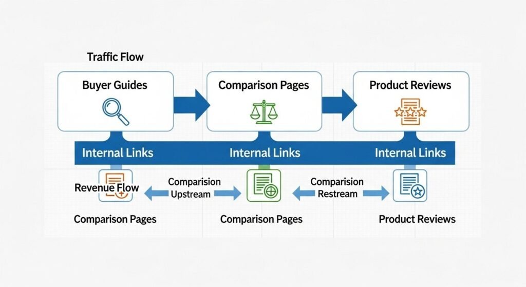Internal linking structure for affiliate blogs connecting guides, comparisons, and reviews