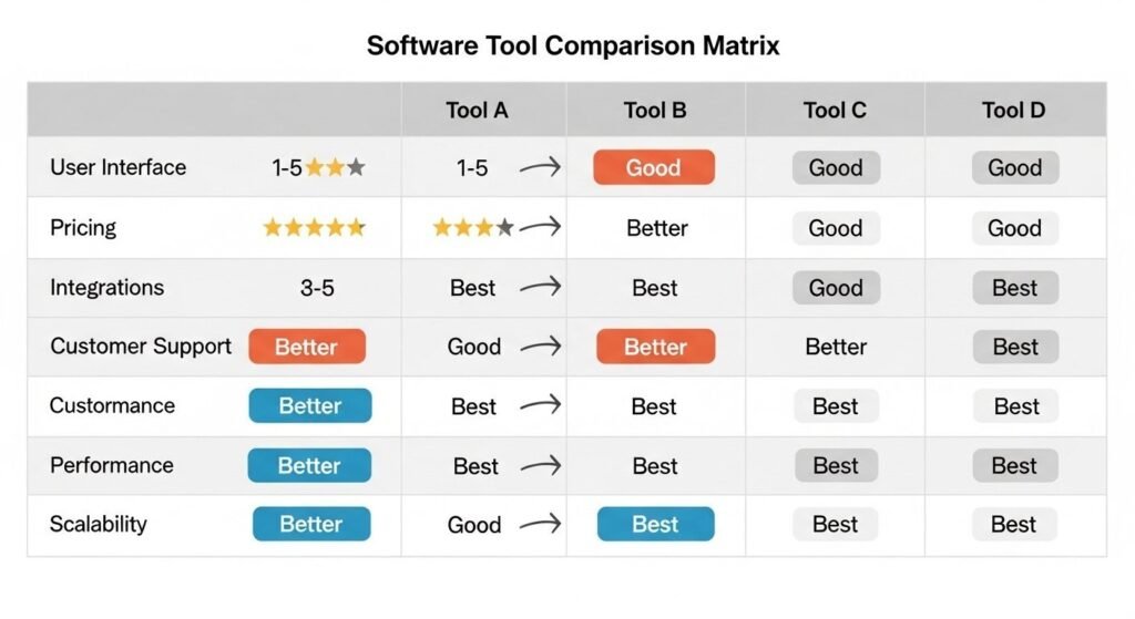 Comparison review pages showing structured evaluations and human-controlled rankings for affiliate reviews