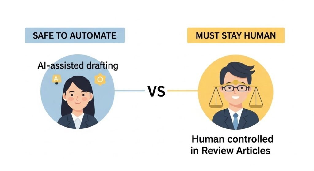 Visual breakdown of which review article sections can safely use AI and which require human judgment